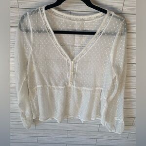 See through blouse top shirt long sleeve with embroidered dots and sheer lace